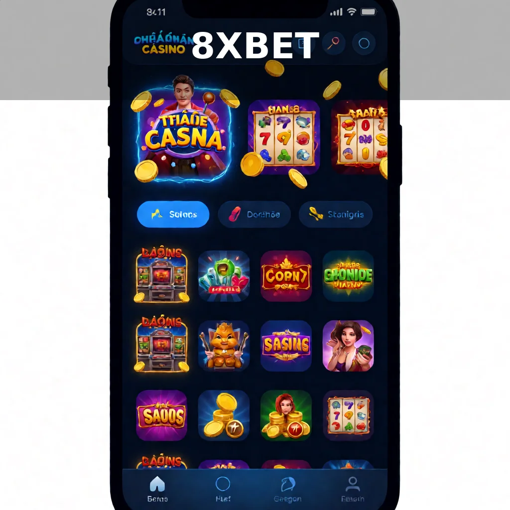 Ảnh banner mobile 8XBET thể hiện giao diện ứng dụng cá cược trên điện thoại với các mục gamecasino và thể thao rõ nét